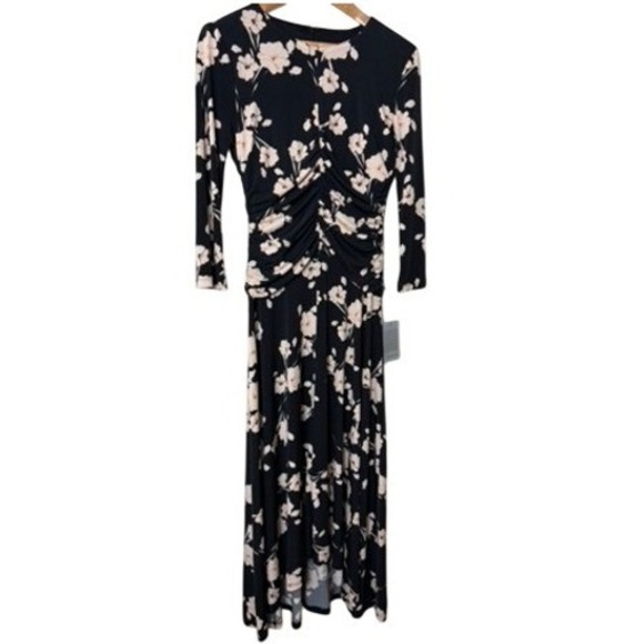 Maggy London Dresses & Skirts - Maggy London Floral‎ Ruched Midi Dress Black Coral Size 0 NEW